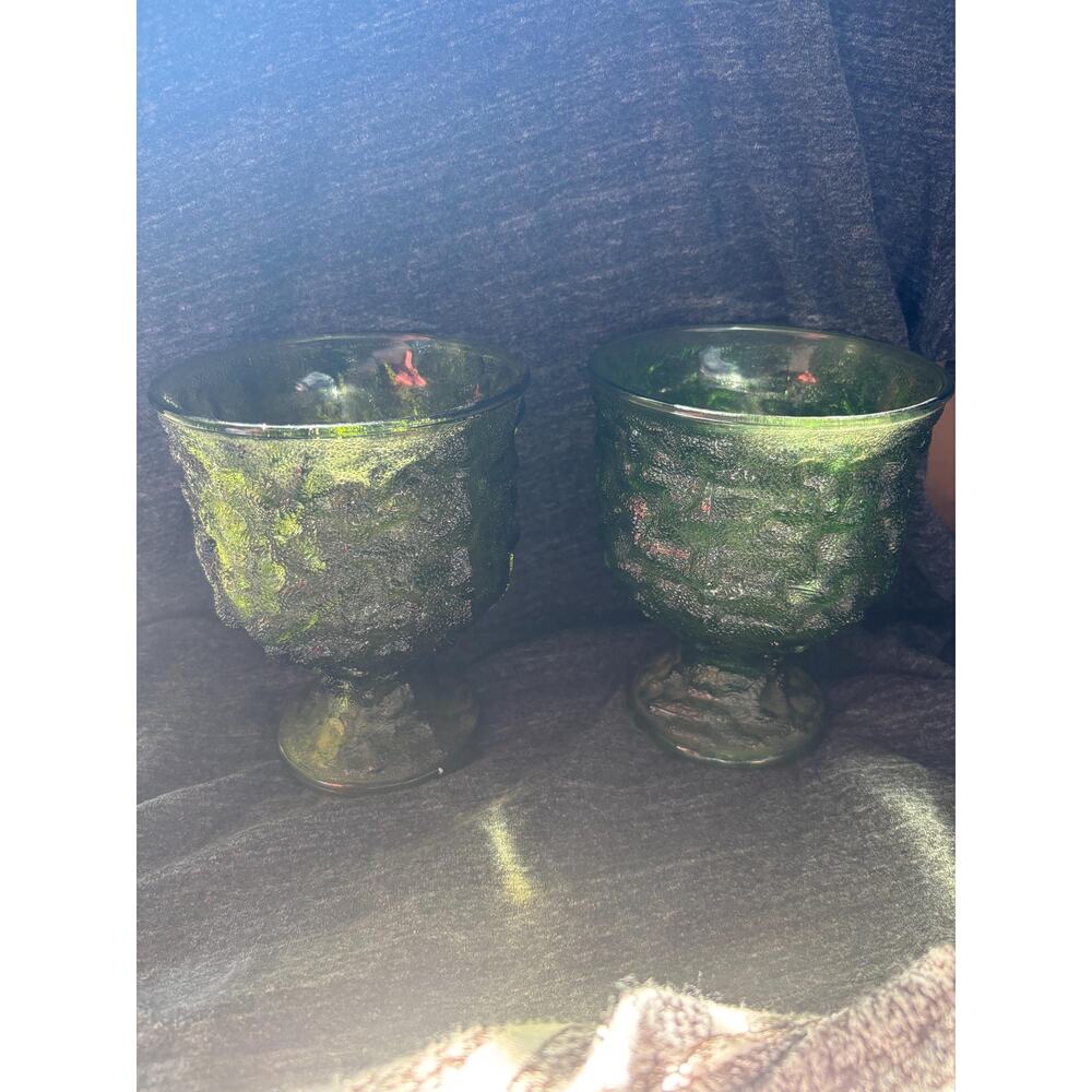 Pair Vintage EO Brody Co Green Goblet Candy Dish Bowl Vase Planter Crinkle Glass